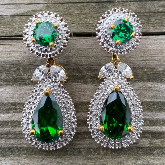 Emerald CZ drop earrings converts to studs or dangle halo gold tone - Picture 11 of 14